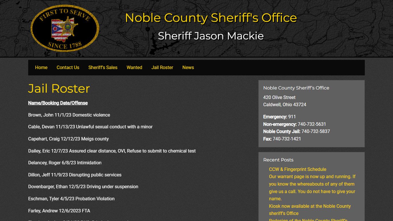 Jail Roster • Noble County Sheriff's Office